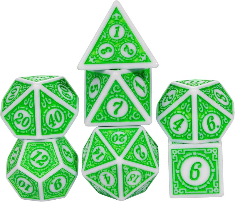 Poludie 7PCs DND Dice Set, Unique Window Lattice Pattern D&D Dice Set with Leather Die Bag, Polyhedral Die for RPG Table Games (Green/White) - Image 1